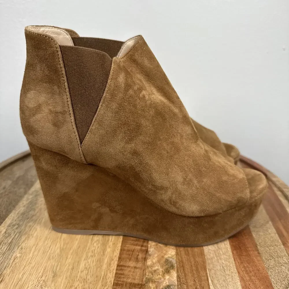 Dee Keller Suede Open Toe Pull On Platform Wedges‎ Caramel Size 38 Italy